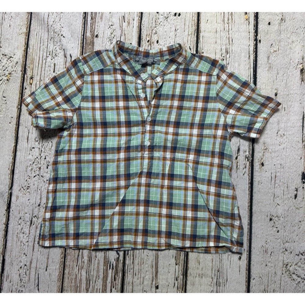 Bonpoint Boys Cotton Plaid Band Collar S/S Henley Button Shirt Size 4